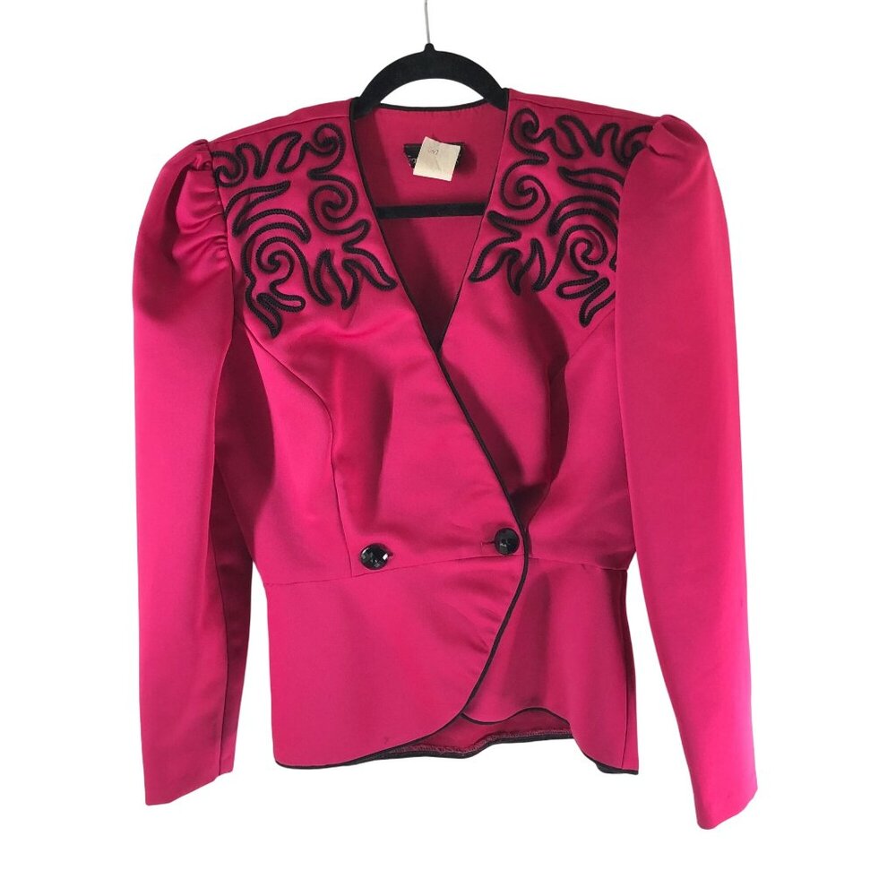 Samantha Black Womens Blazer Pink Embroidered Jacket Vintage 80s Double Breast 8
